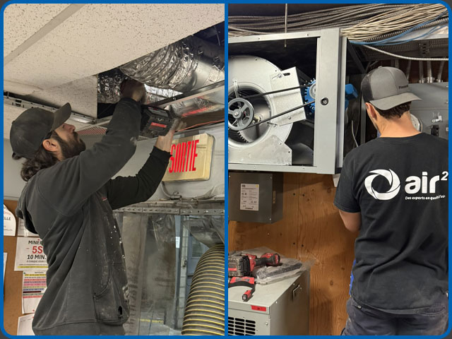 Technicien Air 2 en intervention sur un toit d'immeuble commercial